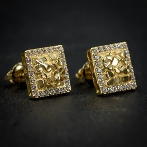 Authentic Mens Square Yellow Gold Plated Sterling Silver Screw Back Post Nugget Earrings