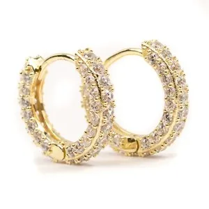 Authentic Yellow Gold Plated Fully Iced 925 Sterling Silver Post Thin Cz Hoop Earrings