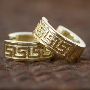 Authentic Gold Plated Men's Solid Sterling Silver Post Greek Key Hoop Huggie Earrings