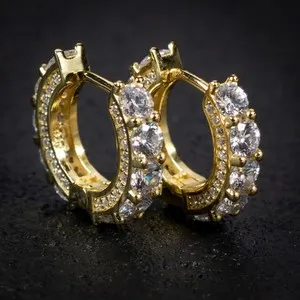 Authentic Yellow Gold Plated Big Stone Fully Iced Sterling Silver Post Hoop Earrings