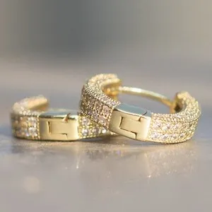 Authentic Mens Fully Iced 14K Gold Plated 925 Sterling Silver Post Cz Hoop Earrings