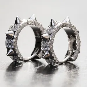 Authentic Fully Iced White Gold Plated 925 Sterling Silver Post Small Spike Hoop Earrings