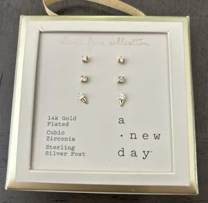 Authentic 14K Gold Plated Earrings Set of 3 Cubic Zirconia Sterling Silver Post A Day