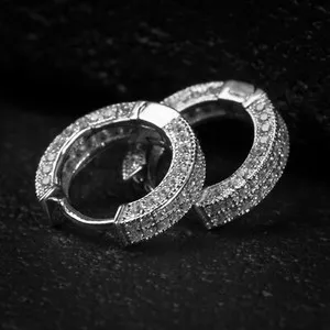 Authentic Mens White Gold Plated Sterling Silver Post Fully Iced 5A Cz Hoop Earrings