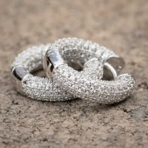 Authentic Men's 14K White Gold Plated Sterling Silver Post Fully Iced Cz Hoop Earrings