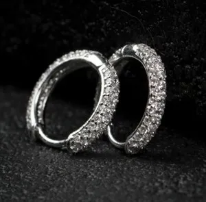 Authentic White Gold Plated Sterling Silver Post Iced CZ Men's Huggie Hoop Earrings