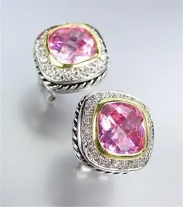 Authentic GORGEOUS 18kt White Gold Plated Cable Pink Rose Crystal Omega Post Earrings