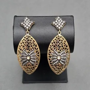 Authentic Esha Gold Plated Rhinestone Filigree Dangle Earrings 2.25" Designer Modern Post