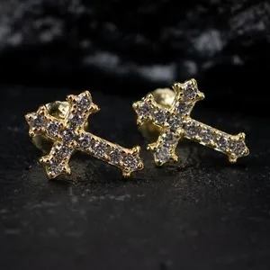 Authentic Mens Gold Plated Small Cross Sterling Silver Screw Back Post Stud Earrings