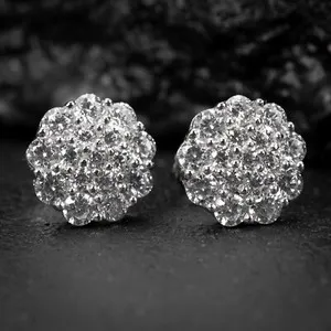 Authentic Round White Gold Plated Sterling Silver Flower Screw Back Post Cluster Earrings
