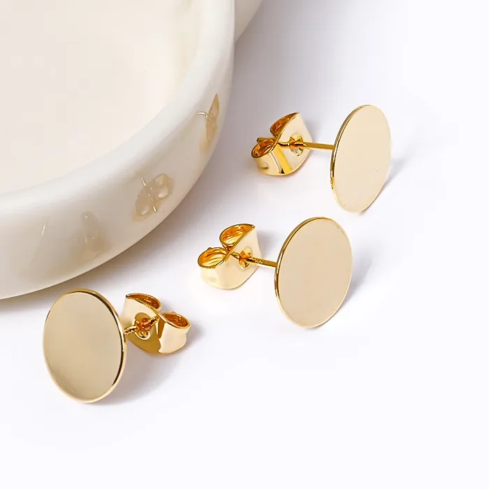 Authentic 18K Gold Plated Metal Blank Post Earring Studs Base Pins Ear Post with 8/10/12MM Pad DIY Earring Jewelry Making Supplies