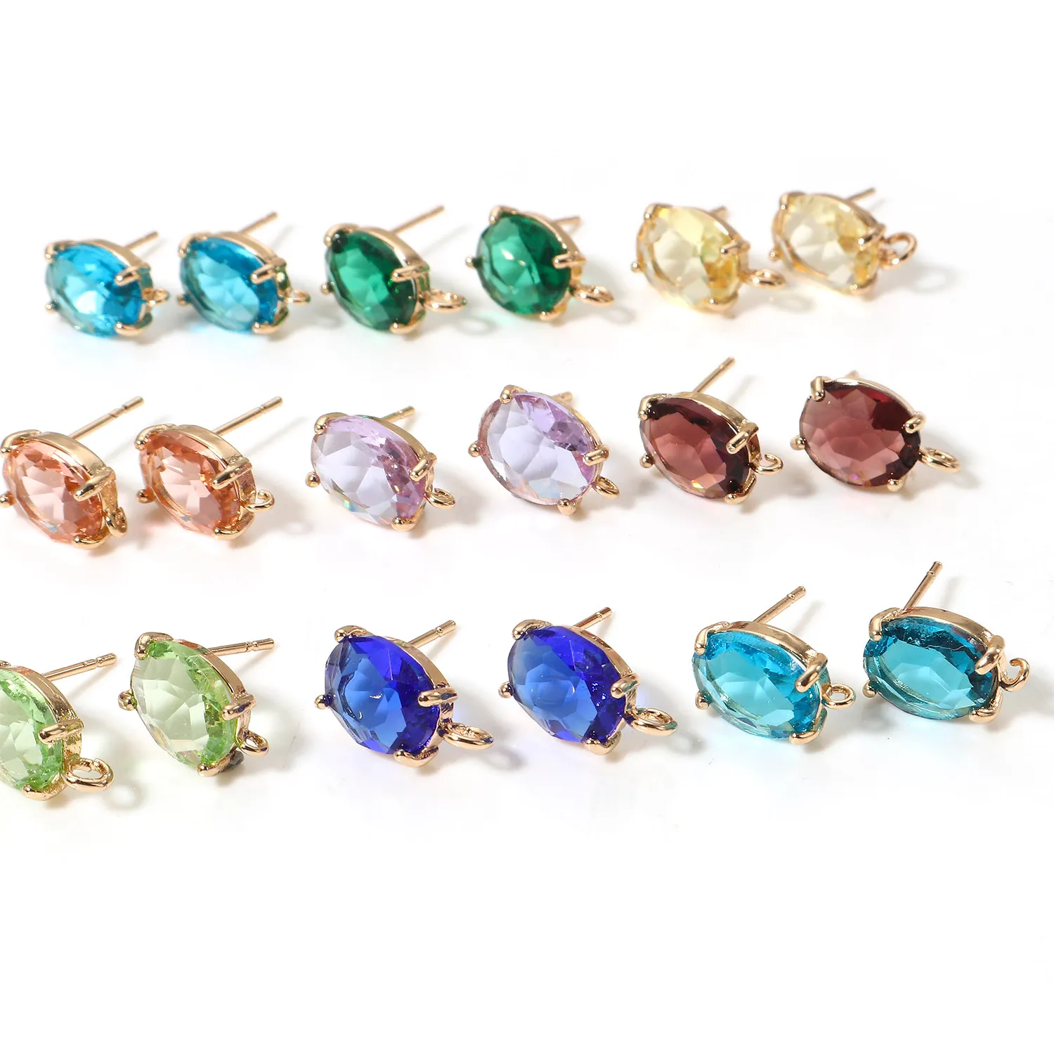 Authentic 2pcs Ear Post Stud Earrings Gold Color Oval Glass Multicolor Rhinestone With Loop Earrings DIY For Women Jewelry Findings