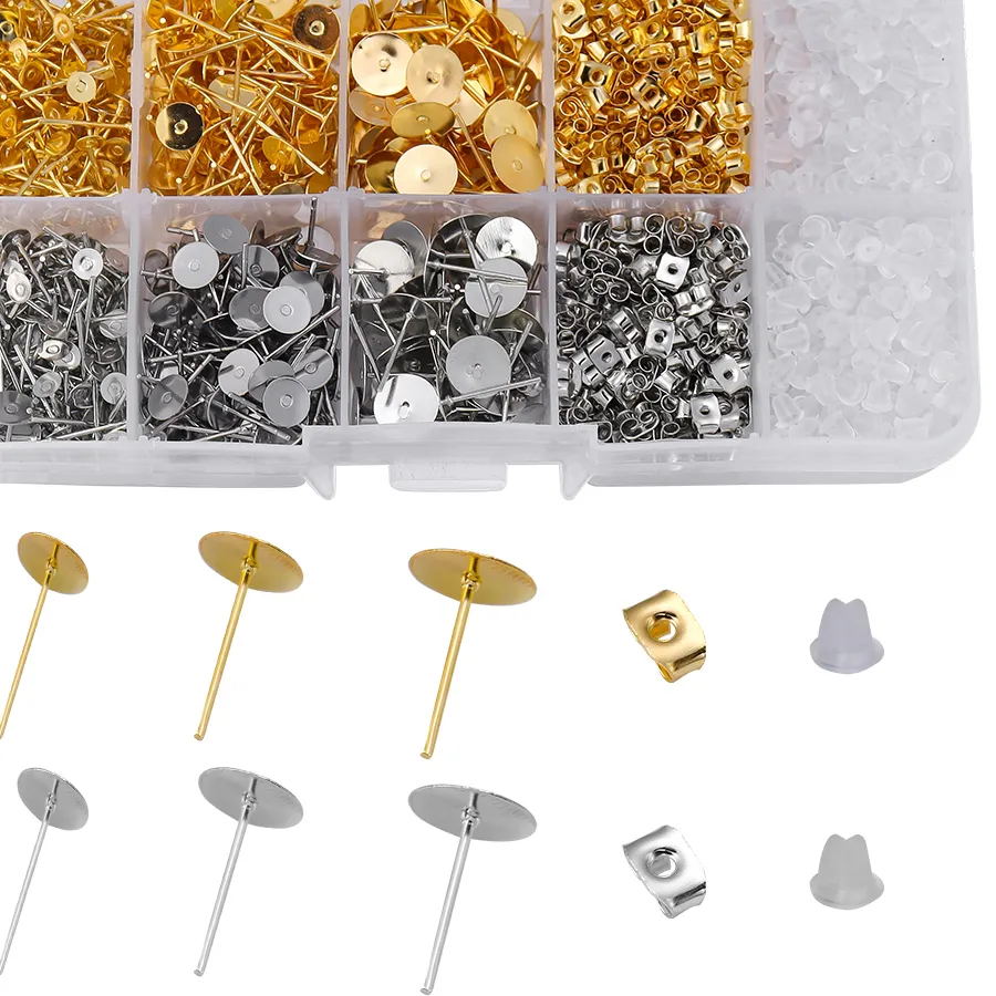 Authentic 1400Pcs/Lot Blank Post Earring Studs Base Pins Box With Earring Plug Findings Ear Back For DIY Jewelry Making Kits Jewelry Box