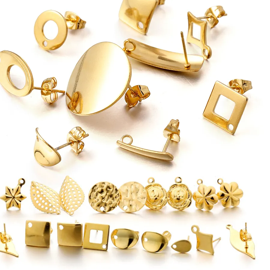 Authentic 10-20pcs Blank Earring Stud Golden Earrings Base With Earring Plug Connectors For DIY Jewelry Making Accessories