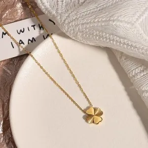 Authentic Four Leaf Clover Necklace 18K Gold Plated Titanium Dainty Charm Pendant