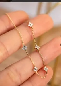 Authentic Dainty Four Leaf Clover 18k Gold Plated /S925 & Zircon Stone Bracelet, 7.5 In.
