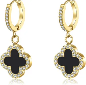 Authentic Clover Earrings for Women 18K Gold Plated Four Leaf Clover Hoop Earrings Simp...