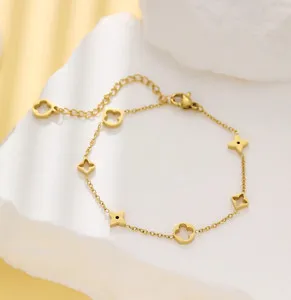 Authentic 18K Gold Plated Flower Four Leaf Clover Bracelet, Gold & Silver
