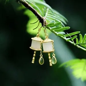 Authentic Lady Gold Plated Dangle Amulet Buddhism Chinese Prayer Wheel Tassel Jade Earring