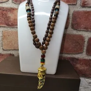 Authentic #2251, TABETAN NECKLACE HIMALAYAN BUDDHISM, GOLD PLATED AND WOOD BEADS