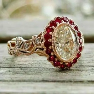 Authentic 3Ct Oval Cut Lab Created Diamond & Red Ruby Engagement Ring 14K Rose Gold Plated