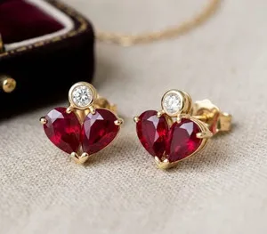 Authentic 2.50ct Pear cut simulated Red Ruby/ Diamond Stud Earrings 14k Yellow Gold Plated