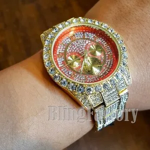 Authentic Iced Hip Hop Red Dial Lab Diamond Gold plated Metal clubbing Urban Style Watch