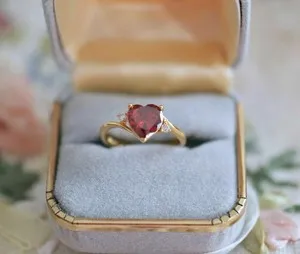 Authentic 2Ct Heart Cut Lab Created Diamond Red Ruby Wedding Ring 14k Yellow Gold Plated
