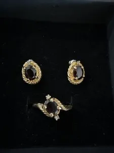 Authentic Lind 14k HGE Yellow Gold Plated Ring & Earring Set Red Stone & Diamond~
