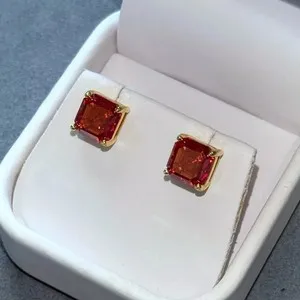 Authentic 4CT Asscher Cut Lab Created Diamond Red Ruby Women's Stud 14K Yellow Gold Plated
