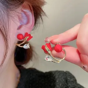 Authentic Gold Plated Two Wear Earrings Diamond Crystal Ginkgo Red Flower Pearl Studs