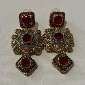 Authentic Vintage Red Polki diamond Gemstone Gold plated 925 Dangle Chandelier Earrings