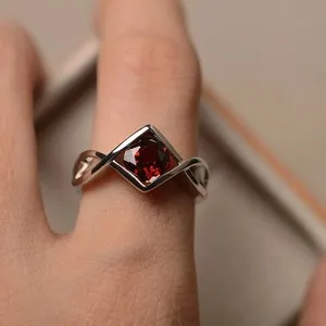 Authentic Red Garnet Women Ring 2 Ct Round Cut Lab Created Diamond 14K White Gold Plated