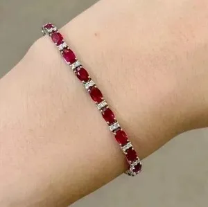Authentic 12CT Oval Cut Lab Created Red Ruby Diamond Tennis Bracelet 14K White Gold Plated