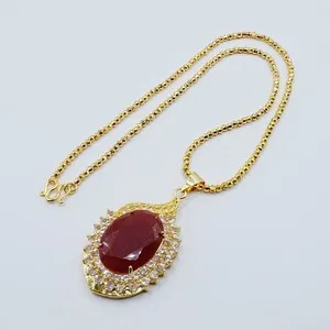 Authentic Necklace Pendant Cz Diamond Red Gemstone 18" 24K Yellow Gold Plated Jewelry