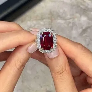 Authentic 2Ct Lab Created Red Garnet Simulated Diamond Halo Ring14K White Gold Plated