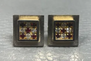 Authentic Vintage Red Stone and Faux Diamond Yellow Gold Plated Cuff Links