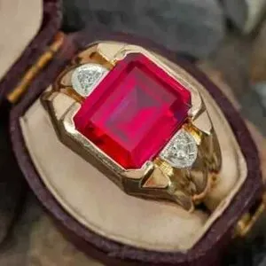 Authentic 3Ct Emerald Cut Lab Created Red Ruby Diamond Men's Ring 14K Yellow Gold Plated
