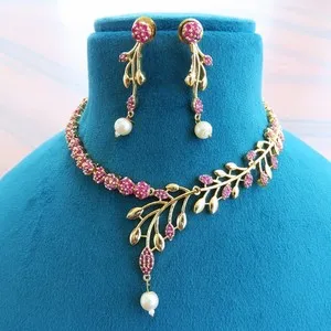 Authentic Aurum Ruby Elegance: Gold Plated Red CZ Bridal Necklace Earrings Set