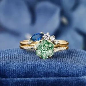 Authentic 14K yellow gold plated bypass wedding ring set hexagon 7mm moss agate ring set