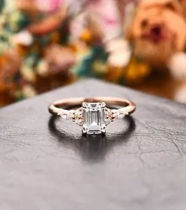 Authentic 14K Rose Gold Plated 1Ct Vintage Emerald Cut Moissanite Muse Set Engagement Ring