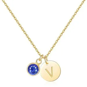 Authentic Initial Birthstone Necklace for Women Gold Initial Necklace 14K Gold Plated - 48