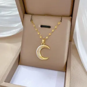 Authentic Crescent Moon Shape Zircon Pendant Necklace Gold Plated Jewelry