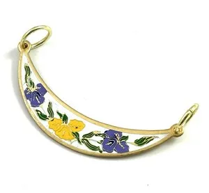 Authentic Vintage Pendant Enamel Flower Crescent Moon Jewelry Gold Plated Double Loop