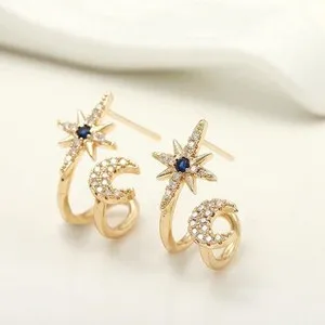 Authentic 1Pair 18K Gold Plated Starburst, Crescent Moon Half Hoop Stud Earrings, Celesti