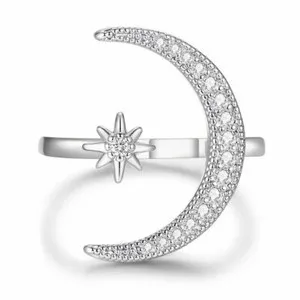 Authentic Silver Plated Gold Plated Crescent Moon Star CZ Adjustable Wrap Ring Band