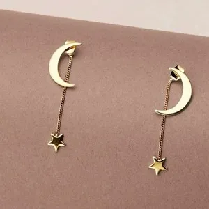 Authentic Celestial Alignment Star and Crescent Tassel Amulets - Radiant Gold-Plated Etheric Earrings