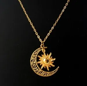 Authentic large CRESCENT CELESTIAL HALF MOON SUN pendant GOLD plated 18K necklace 24"