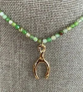 Authentic Beautiful great crystal beaded necklace gold plated, Wish bone, Good Luck amulet