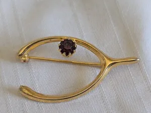 Authentic Good Luck wish bone brooch yellow gold plated purple prong set rhinestone 1.5"
